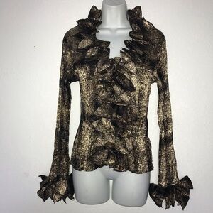 Lindi Crinkle Ruffle Gold Black Zip Front Top M Goth